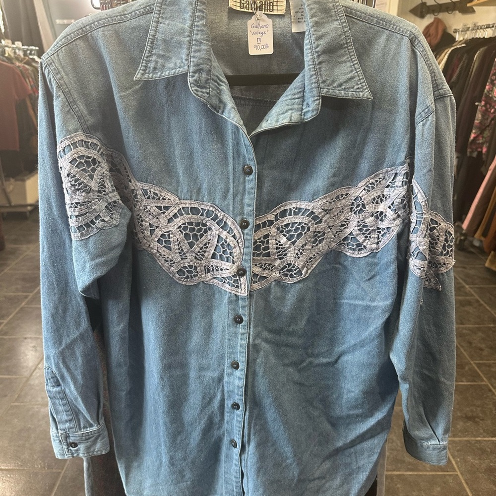 Galliano Blue Denim Shirt with Lace Detail
